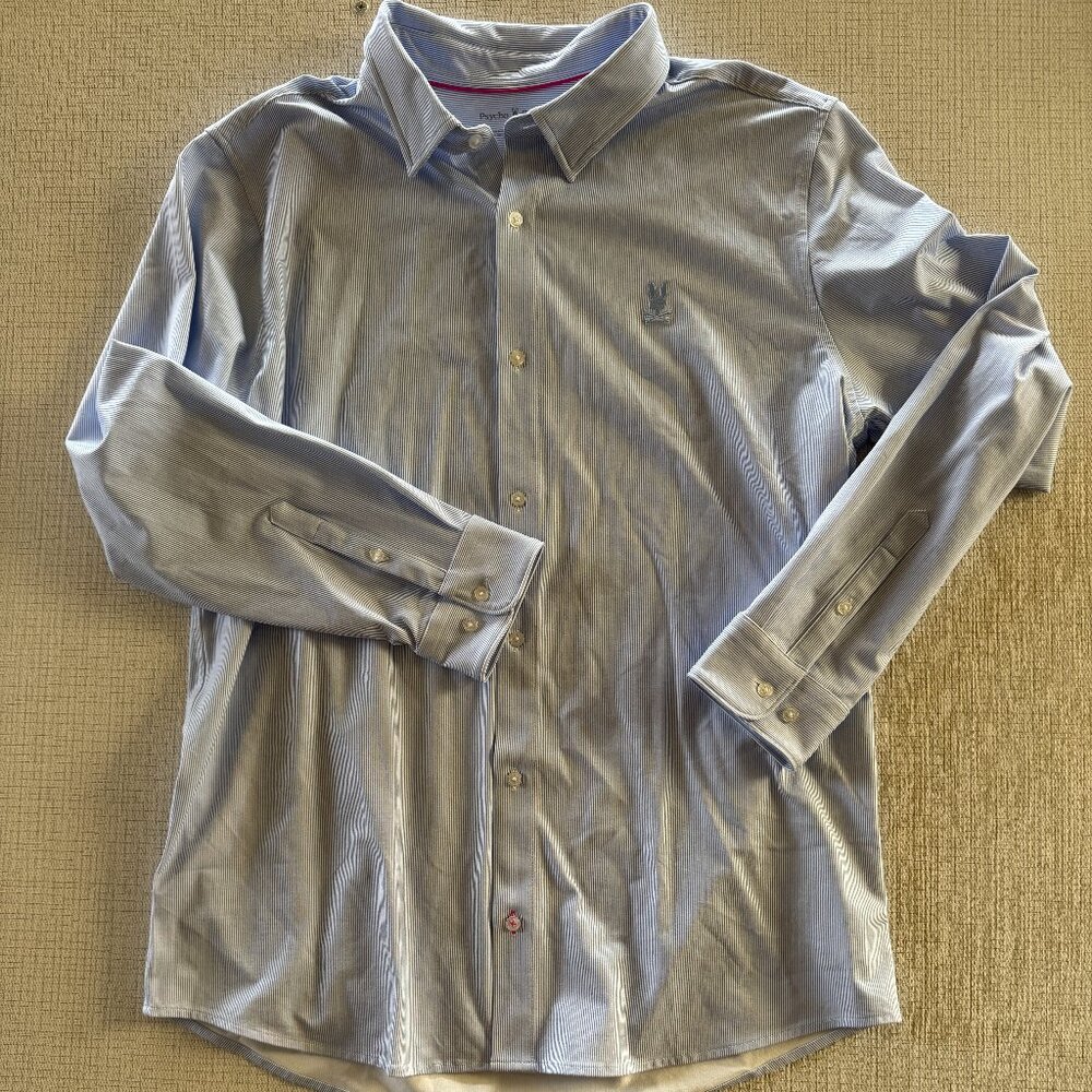Men's Light Blue Pinstripe Psycho Bunny Button Down Shirt, 18/18.5-34/35